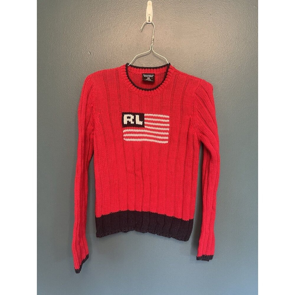Vintage Polo Jeans Co. Ralph Lauren American flag chunky Knit Medium Red Navy